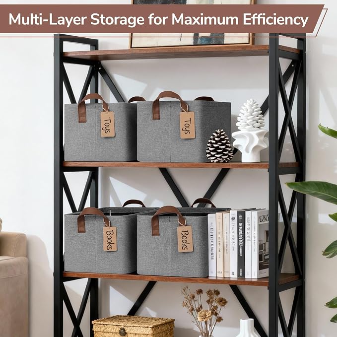 CHICVITA 4 Pack Foldable Fabric Storage Bins with Metal Frame, Gray | 14.8 × 10.3 × 8.3 in, Reinforced Handles, Closet & Shelf Organization, Toys, Blankets, Clothes & Linens Storage