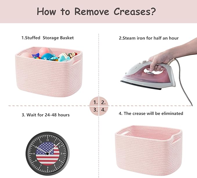 Pink Storage Basket for Shelves Woven Rope Storage Bins for Girl | Set of 4 Baskets for Organizing Rectangle Storage Basket Bins for Baby Nursery Toy Storage 12.7"L x 9"W x 7.8"H