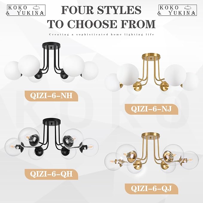 KoKo&Yukina 6-Light Modern Semi Flush Mount Ceiling Light Fixture Mid Century Ceilings Lights Globe Ceiling with Milk Glass Shade Matte Black Finish for Bedroom Hallway Dining Room Living Room