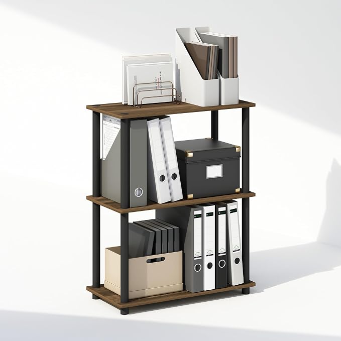Furinno Turn-N-Tube Book Shelf, 3-Tier Bookshelf, Bookcase with Multipurpose Compact Display Rack, 11.6 x 23.6 x 29.6, for Living Room, Bedroom, Home Office, Columbia Walnut/Black