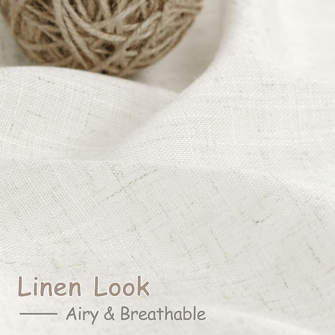 Nanspring Beige White Linen Curtains 84 Inch Length 2 Panels Set for Living Room Rod Pocket Back Tab Light Filtering Window Drapes for Bedroom Dining Room Protect Privacy Home Decor