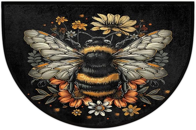 Bee Animals Half Round Door Mat Non Slip Half Circle Rugs | Animals Flowers Washable Half Moon Rug Semi Circle Rugs Indoor Entrance Floor Carpet for Kithen Bedroom Fireplace Decor