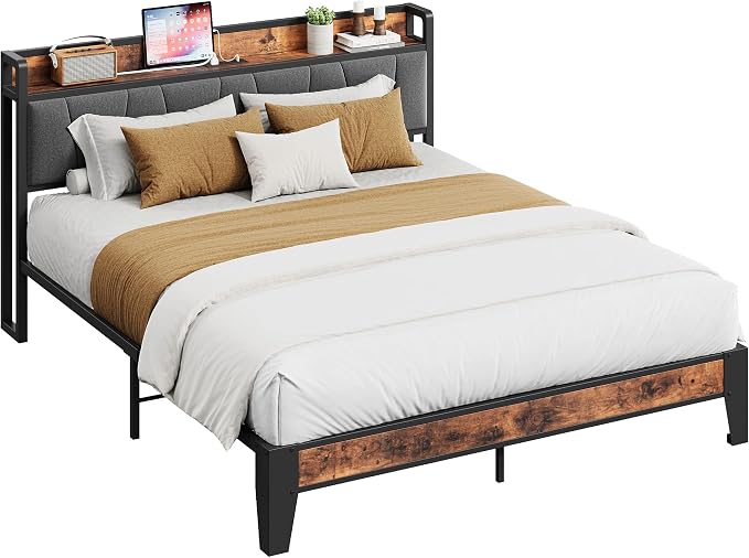 LIKIMIO Queen Bed Frame, Storage Headboard with Charging Station, Solid and Stable, Noise Free, No Box Spring Needed, Easy Assembly