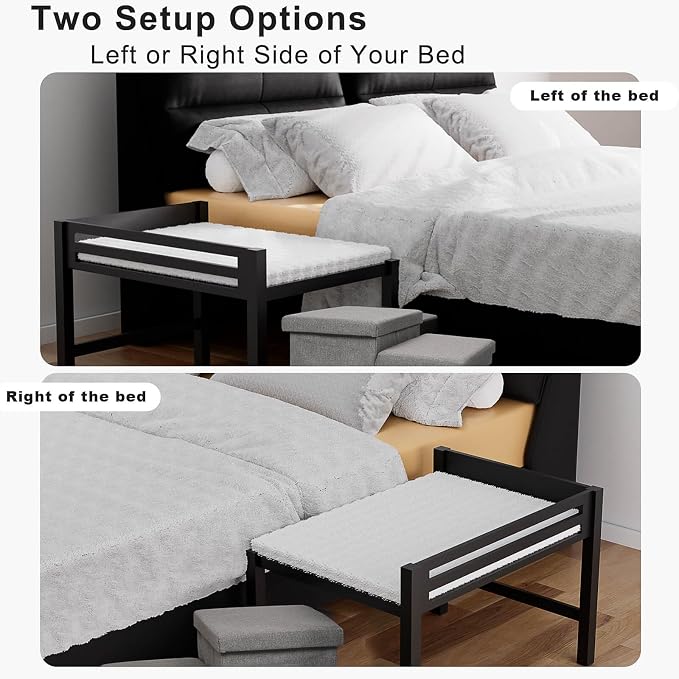 Wooden Bedside Dog Bed with Stairs, 41‘’x27'' Dog Co-Sleeper for Human Bed, Pet Bunk Bed with Removable Mattress, Foldable 3-Step Stairs and Guardrails for Large Dogs