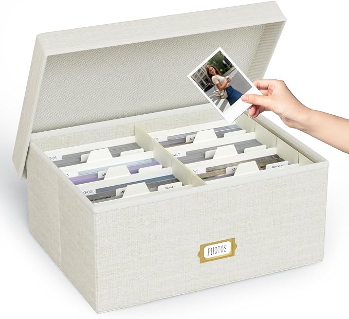Decorative Photo Storage Box, Linen Photo Box Holds 1700 5x7 Pictures Beige | Photo Storage Containers with 8 Dividers, Memory Keepsake Organizer for Photos, Scrapbook Supplies, Cards, Stamps,Archive Box