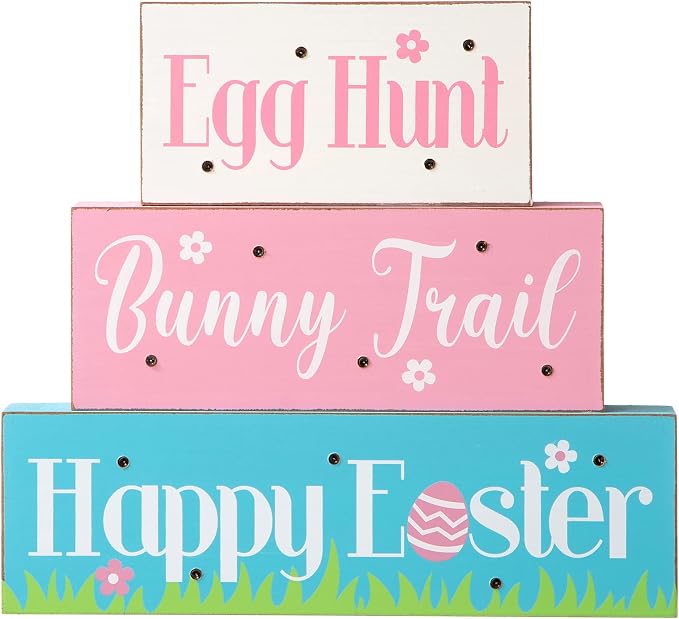 Glitzhome LED Lighted Wooden Easter Table Sign Spring Home Decor for Holiday Easter Party Supplies Props