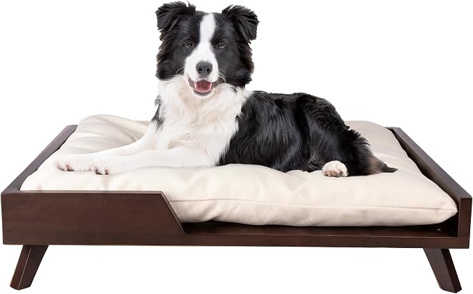 Elevated Dog Bed - 36” x 29.5” Indoor Pet Bed with Frame and Soft Cushion - Mid-Century Modern Wood Dog Bed for Medium to Large Pets by PETMAKER (Dark Brown)