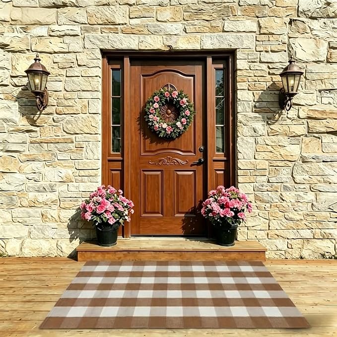 SEEKSEE Buffalo Plaid Outdoor Rug 3' x 5' Coffee and White Front Door Mat, Layering Rug for Porch, Fall Doormat, Front Porch Rug for Outdoor Entrance Entryway Patio Porch Decor