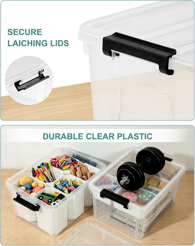 17QT Clear Storage Box with Tray for Crafts & Lego Organization | Removable 5-compartment tray separates small beads & sewing kits, while deep base stores bulky tools. Portable & BPA-free.