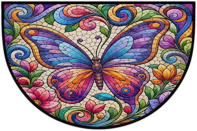 Butterfly Half Round Rug Half Moon Door Mat Half Circle Rugs | Rainbow Floral Washable Non-Slip Semi Circle Rug Welcome Half Round Door Mat Indoor Entrance Bedroom Living Room Decor B772