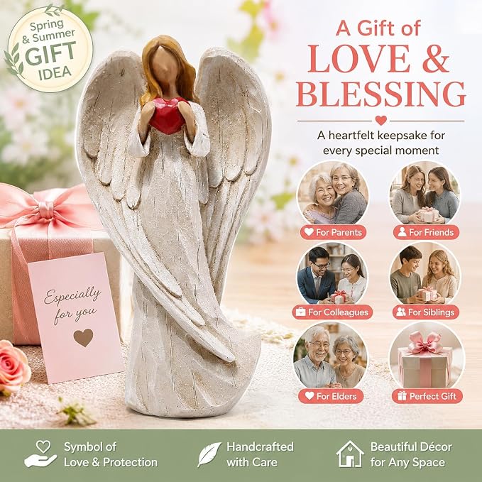 Hodao 8.75inch Resin Praying Angel Sculpture Figurine for Gifts Home Decoration Praying commemorating Angel Statue, exquisitely Carved and Hand-Painted Characters (with Hear)