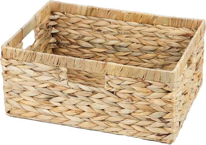 Water Hyacinth Wicker Storage Basket with Handles, Large | 15 x 11 x 6.75 Inch Basket, Shelf Organizer, Rectangular Woven Bin, Towel and Blanket Storage, Natural Decor