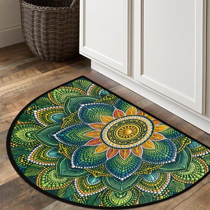 Mandala Half Round Door Mat Semi Circle Rug Half Moon Doormat | Soft Washable Green Blue Welcome Entrance Mat for Outdoor Indoor Floor Bedroom Bathroom Home Kitchen Festival Decor