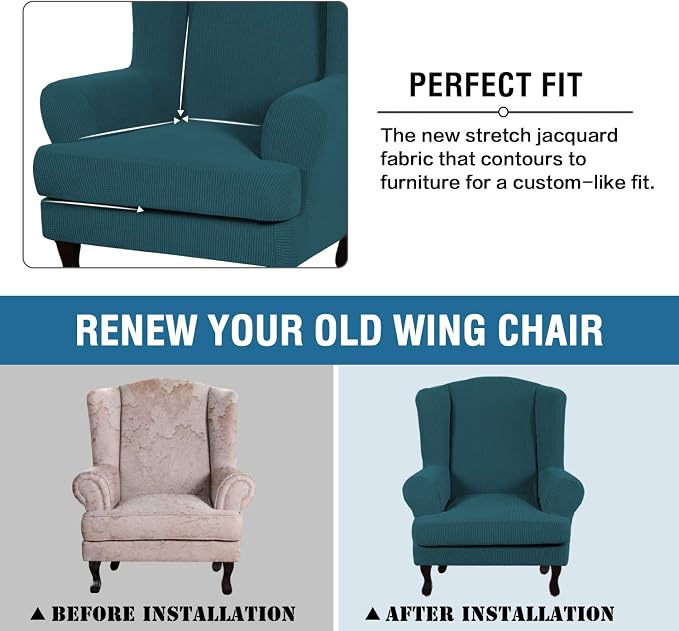 H.VERSAILTEX 2 Piece Stretch Jacquard Wingback Chair Covers Slipcovers Wing Chair Covers (Base Cover Plus Seat Cushion Cover) Furniture Covers for Wingback Chairs, Form Fitted Thick Soft, Deep Teal