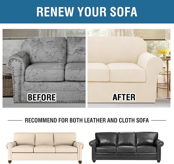 H.VERSAILTEX 4 Piece Stretch Sofa Covers for 3 Cushion Couch Covers for Living Room Furniture (Base Cover Plus 3 Seat Cushion Covers) Upgraded Thicker Jacquard Fabric (Sofa, Cream)