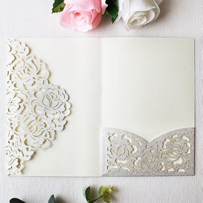 50PCS Customized Silver Laser Cut Quinceanera Invitation kit 5x7.3 Inch Hollow Rose Floral Quinceanera Invitation Cards with Envelopes for Quinceañera Birthday Invite