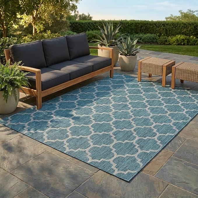Unique Loom Outdoor Trellis Collection Area Rug (7' 1" x 10' Rectangle, Teal/ Gray)