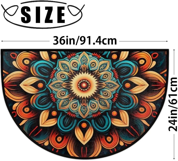 Bohemian Flower Half Round Door Mat, Non-Slip Entrance Welcome Mat for Indoor Semi Circle Bathroom Floor Rugs Outdoor Mats House Entry Way Heavy Duty Doormat for Kitchen Living Room 36x24 Inch