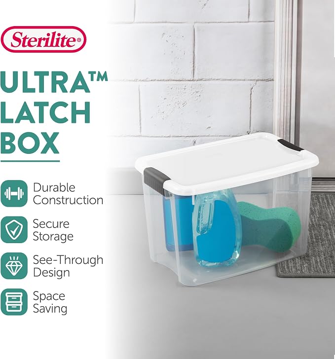 Sterilite Ultra Latch Box with Lids for Home and Office, 30 Quart, 12-Pack | Heavy-Duty and Stackable Plastic Containers with Latches for Closet, Cabinet, Bedroom, Bathroom and Dorm Room Organization