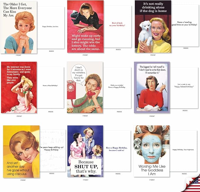 NobleWorks Vintage Femme Sassy Cards 36 Assorted Funny Birthday Cards, Mixed Vintage Retro Naughty Humor Women Bulk Box Set Envelopes (36 Designs, 1 Each) Ephemera Femme Festival AC9377BDG-B1x36