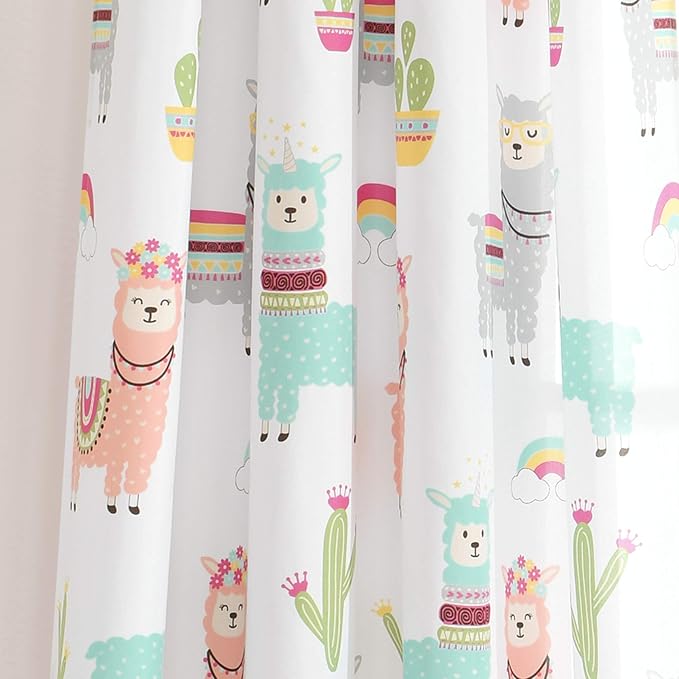 Lush Decor Southwest Llama Cactus Window Curtain Panel, Pair, 52" W x 84" L, White & Blush - Cute Colorful Boho Curtains for Kids Room