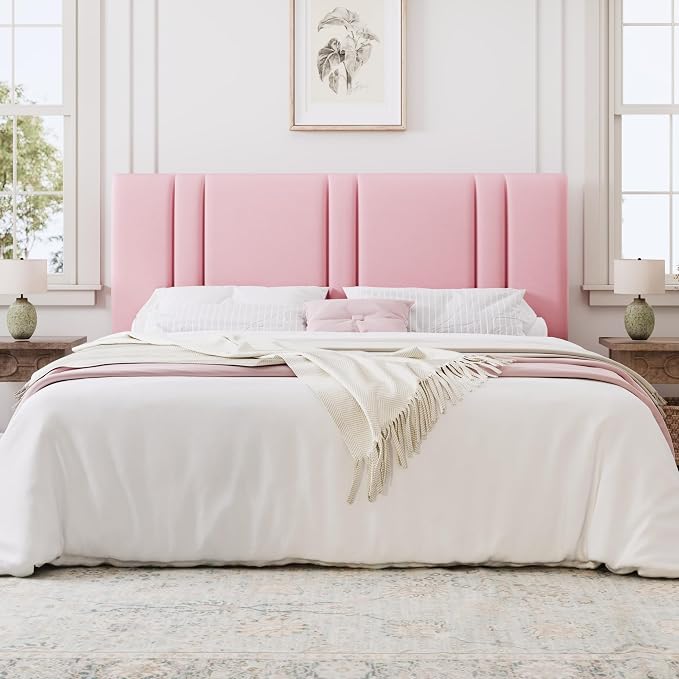SHA CERLIN King Size Velvet Bed Frame with Adjustable Headboard, Pink | Vertical Channel Tufted Design, Upholstered Platform Bed, Wood Slats Support/No Box Spring Needed/Easy Assembly