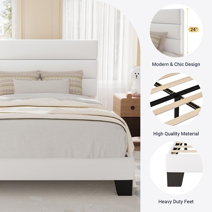 Allewie Twin Size Platform Bed Frame with Velvet Upholstered Headboard | Wooden Slats Support, Fully Upholstered Mattress Foundation, No Box Spring Needed, Easy Assembly, Noise-Free, White