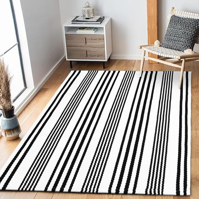 LEEVAN 3'X5' Black and White Striped Woven Cotton Reversible Outdoor Rug | Small Machine Washable Front Porch Rug, Entryway Door Mat, Indoor Layering Carpet for Farmhouse Bathroom Laundry