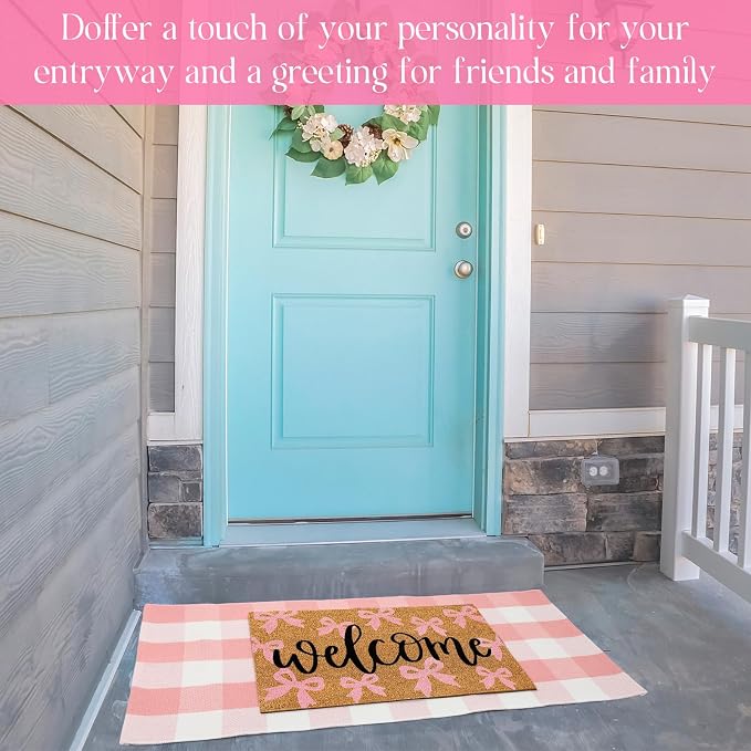 2 Pcs Outdoor Door Mat Combo Set Layered Outdoor Rug and Coir Welcome Doormat Non Slip Outside Floor Mat for Front Porch Entryway Patio Yard Decor(Bow Welcome,24'' X 51',18'' X 28'')