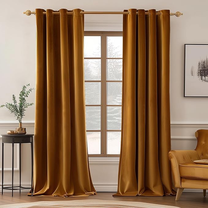 MIULEE Velvet Curtains Golden Brown Elegant Grommet Curtains Thermal Insulated Soundproof Room Darkening Long Black Out Drapes for Classical Living Room Bedroom Decor 52 x 96 Inch Length Set of 2