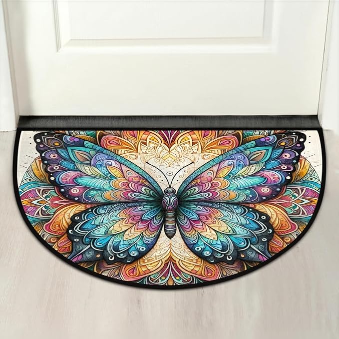Colorful Butterfly Boho Half Round Mat Half Moon Door Rug Washable Durable Semi Circle Carpet Floor mats for Indoor Outdoor Bathroom Kitchen Patio Hearth Rug Laundry Room Home Decoration