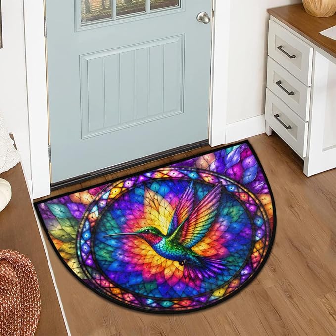 Hummingbird Half Round Door Mat Welcome Entrance Mat Bath Bathroom Rug A6 | Hummingbird Glass Painting Welcome Entrance Mat Anti-Slip Half Moon Bath Mat Semi Circle Rug Indoor Outdoor Kitchen Rug
