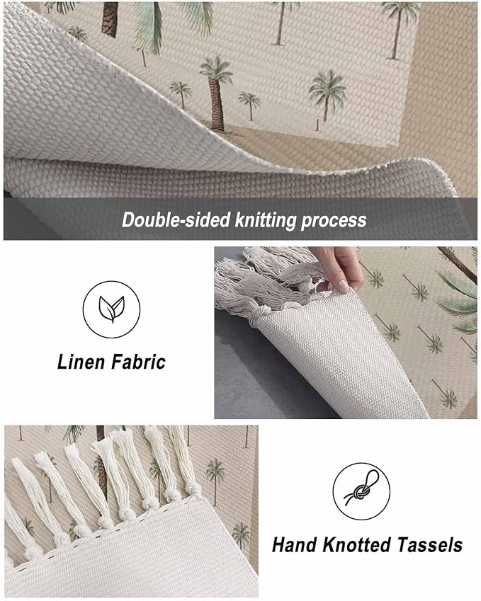 Tropical Palm Tree Runner Rug 2X4 Ft Entryway Outdoor Indoor Mat, Washable Woven Brown Summer Beach Plant Throw Carpet with Tassel, Non-Shedding Farmhouse Retro Green Botanical Hallway Bath Mats