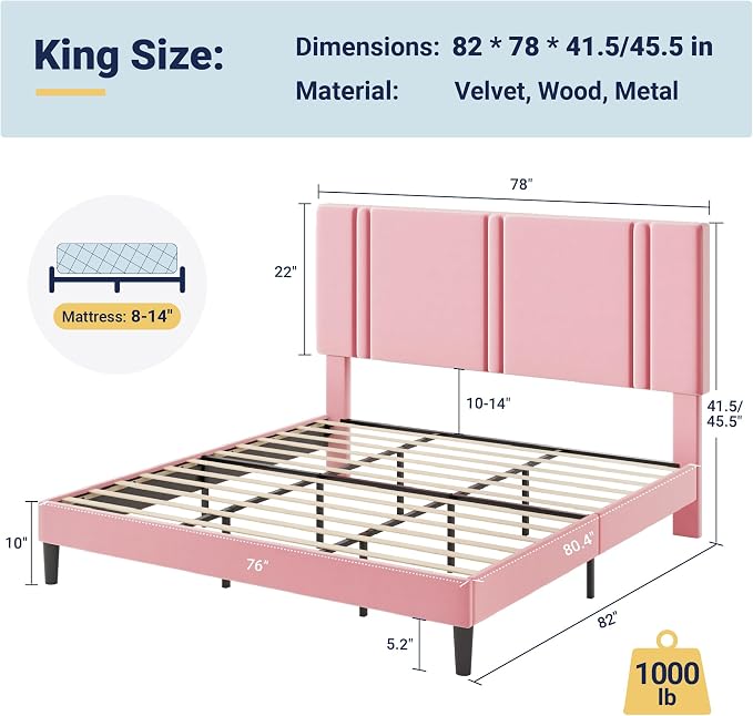 Allewie King Size Platform Bed Frame with Adjustable Headboard | Plush Velvet Upholstered, Vertical Channel Tufted, Sturdy Wood Slats, No Box Spring Needed, Easy Assembly, Pink