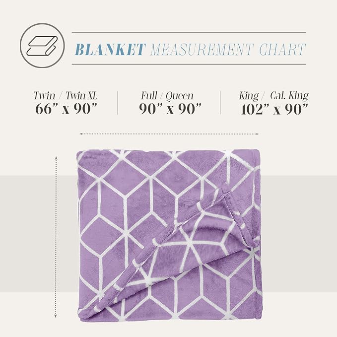 Elegant Comfort Luxury Velvety Feel Blanket, All-Season Lightweight Blanket, Ultra Plush, Soft, Cozy-Fuzzy Flannel Fleece for Couch, Sofa, Bed, Travel, Cube Design, King/California King, Lilac