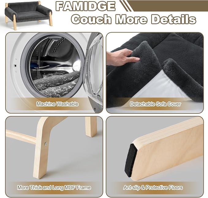 FAMIDGE Elevated Cat Couch Bed for Indoor Cats - Wooden Pet Sofa with Removable Washable Thick Cover Raised Kitty Lounge Chair Suitable for Puppy or Small Animals(Cat Sofa Grey)