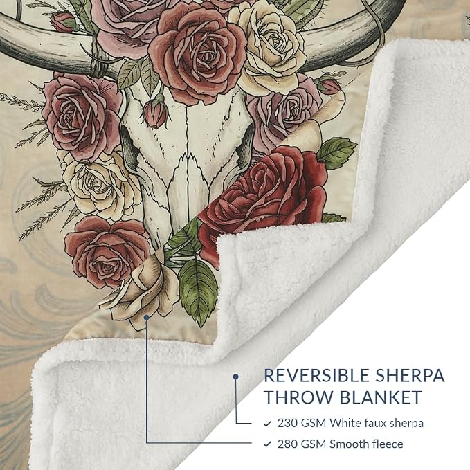 Paseo Road Indigo Hill by HiEnd Accents Rowena 54x68 Throw Blanket | Longhorn Campfire Design with Floral Bull Skull Print, Soft Western-Style Fleece Throw for the Couch, Sofa, or Bed