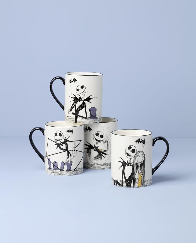 Lenox Nightmare Before Christmas Porcelain Halloween Mug Set for 4 | dishwasher safe, microwave safe | gift for nightmare before christmas fans | 4.5 inch, 16oz, coffee mug
