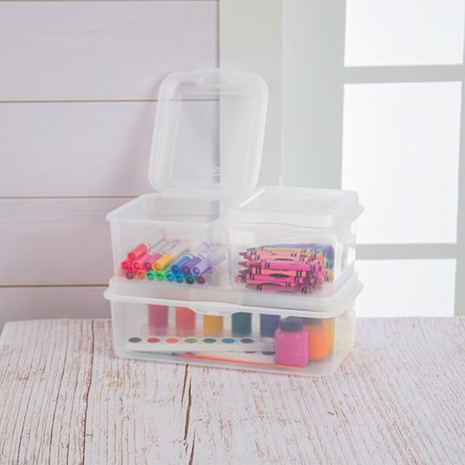Sterilite FlipTop, Stackable Small Storage Bin with Hinging Lid, Plastic Container to Organize Desk at Home, Classroom, Office, Clear, (Pack of 12) | Bin with Hinged Lid, Stackable Multipurpose Organizer for Art & Craft Supplies, Accessories, Photos & ...