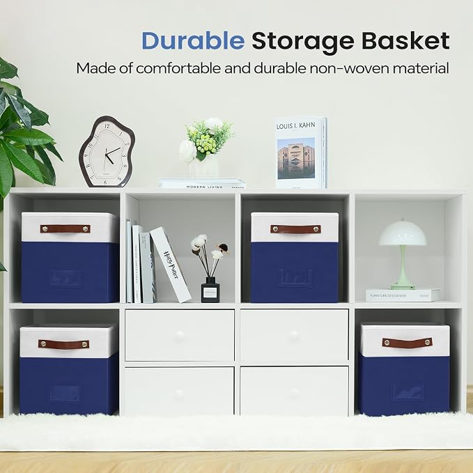 FinishingBo 10.5" x 11" Storage Bins with Labels 6 Pack | PU Leather Handles, Foldable Storage Cubes, Storage Baskets, Closet Storage, White/Blue