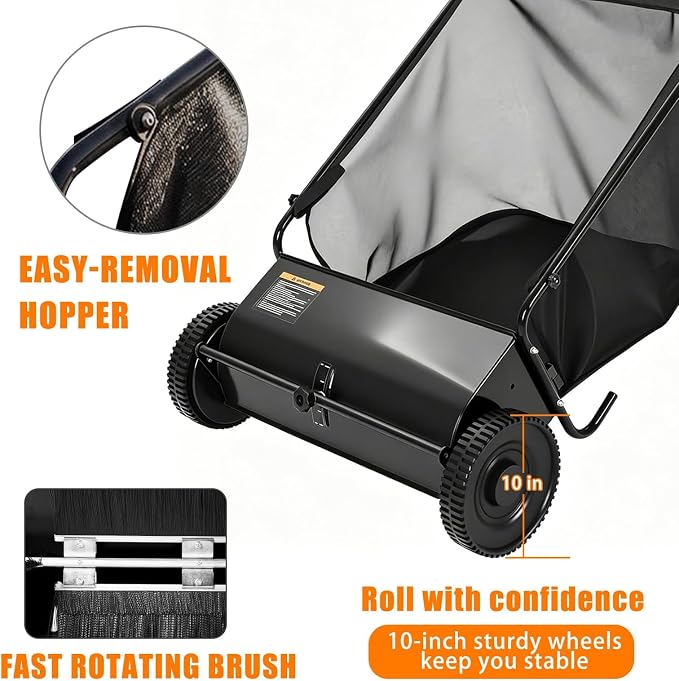 Push Lawn Sweeper, 26 in Grass Sweeper Leaf Collector with 7 Cu.ft Mesh Bag, Yard Sweeper with Adjustable Brush Height and 4 Spinning Brushes for Cleanup, Lawn Care Equipment