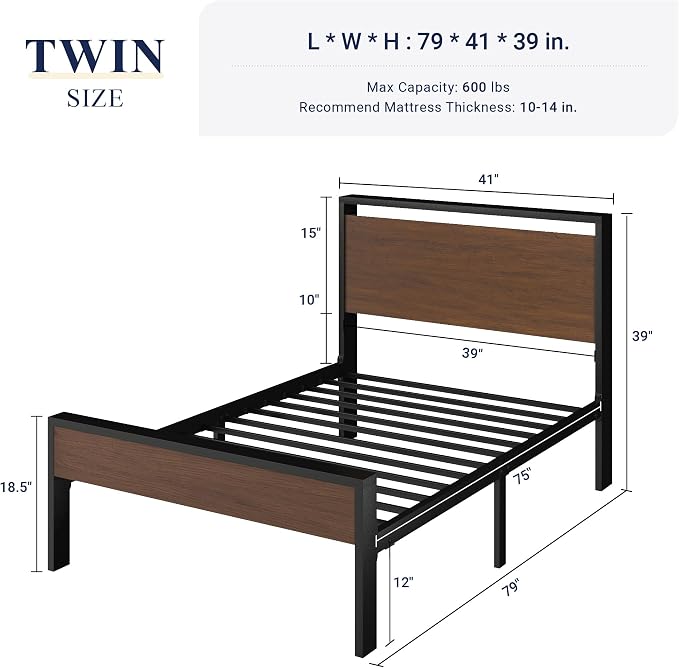 Allewie Twin Size Bed Frame, Heavy Duty 12 Metal Slats Support, Walnut | Wooden Headboard and Footboard, Modern Platform Bed, No Box Spring Needed, Under-Bed Storage, Noise Free, Easy Assembly