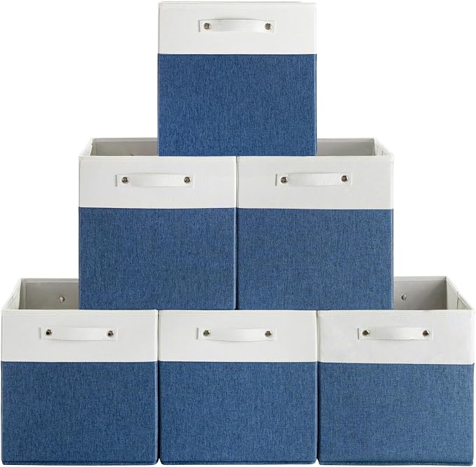FinishingBo 13x13x13 Storage Cube Bins 6 Pack, Cube Shelf Baskets | Foldable Storage Cubes, Linen Storage Bins with Handles, Closet Organizers, White/Blue