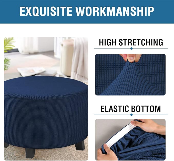 H.VERSAILTEX Ottoman Cover Stretch Ottoman Slipcover Round Ottoman Storage Cover Folding Stool Covers Furniture Protector Cover for Footrest Ottoman Fit Dia 20" - 23", Navy