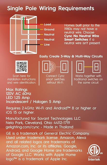 C by GE Smart Switch, Wi-Fi & Bluetooth, No Hub, Alexa Google | On/off button style, neutral wire required, works with Alexa & Google Home, no hub needed, easy DIY install