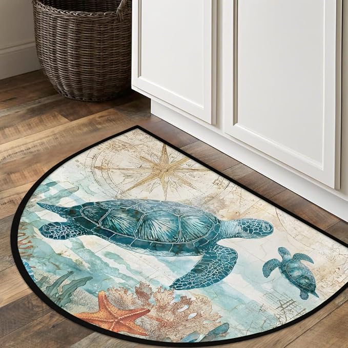 Vintage Turtle Half Round Door Mat Welcome Entrance Mat Bath Bathroom Rug | Vintage Turtle Welcome Entrance Mat Anti-Slip Half Moon Bath Mat Semi Circle Rug Indoor Outdoor Kitchen Rug