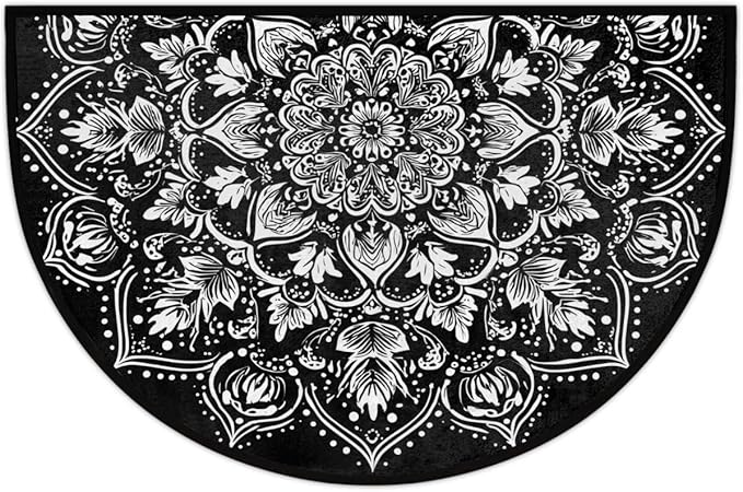 Mandala Black Half Round Door Mat Semi Moon Rug Fireplace Carpet Area Rugs | Mandala Black Non Slip Absorbent Half Circle Mat Carpet for Indoor Outdoor Patio Kitchen Bathroom Entryway Home Decor
