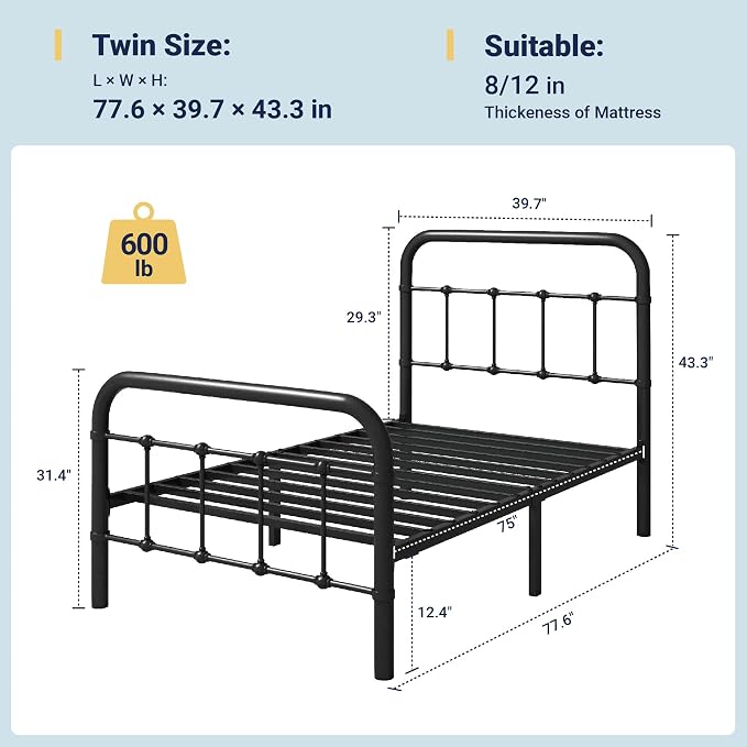 Allewie Twin Metal Bed Frame with Victorian Iron-Art Headboard, Black | Victorian Style Wrought Iron-Art Headboard/Footboard, Easy Assembly, Under Bed Storage, No Box Spring Required