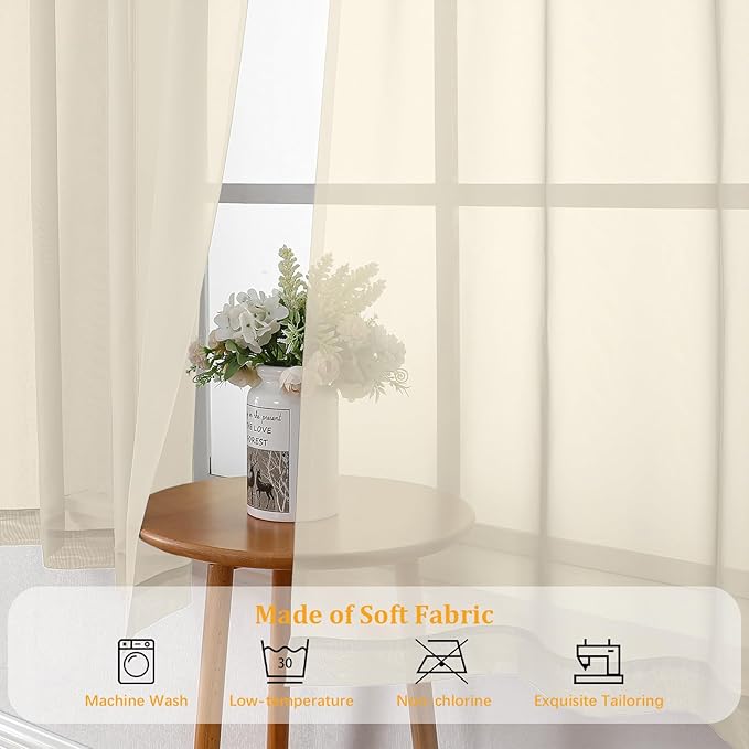 Gwine Cream Sheer Curtains 96 Inches Long 2 Panels, Elegant Window Treatments - Image 7