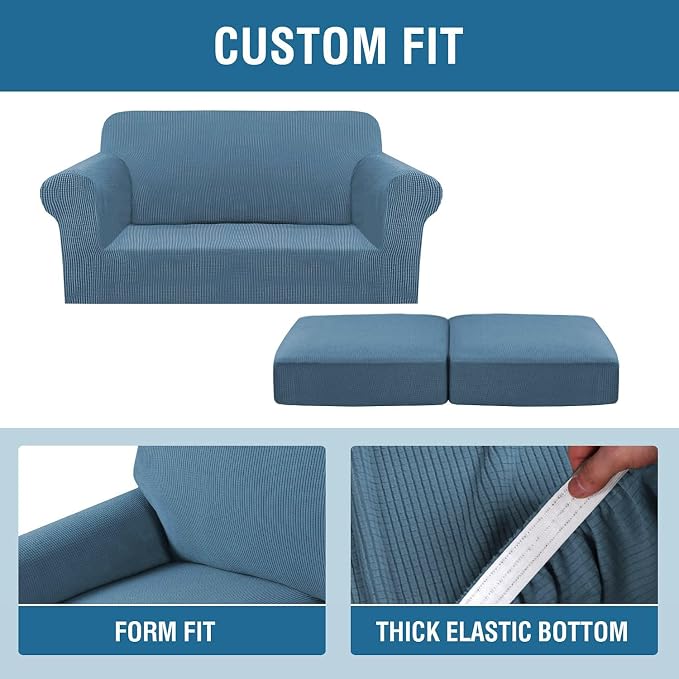 H.VERSAILTEX 3 Piece Stretch Sofa Covers for 2 Cushion Sofa Couch Covers for Living Room Furniture Cover (Base Cover Plus 2 Seat Cushion Covers) Thicker Jacquard Fabric(Large Sofa, Dusty Blue)